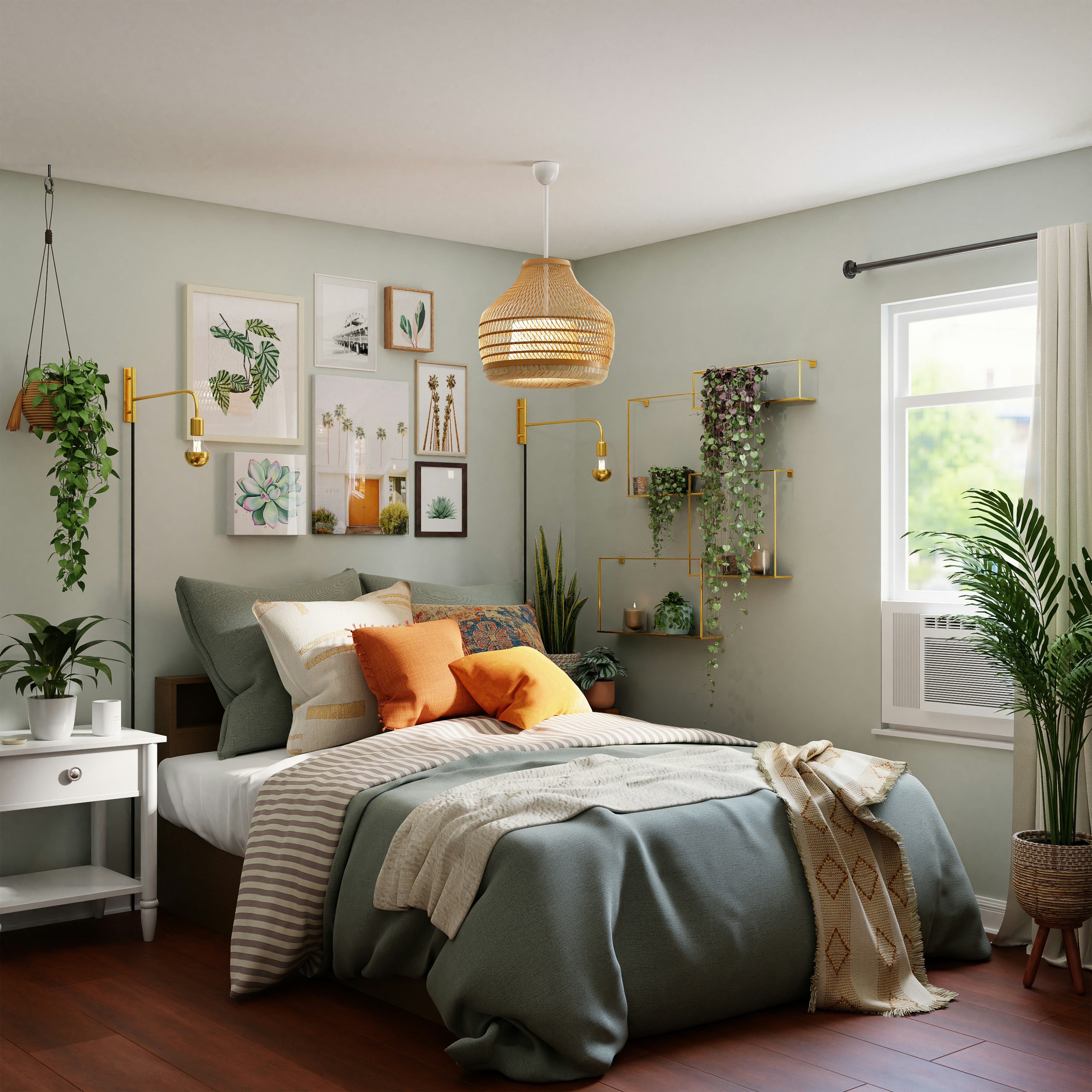 An image of an organized bedroom with a gray and white color scheme