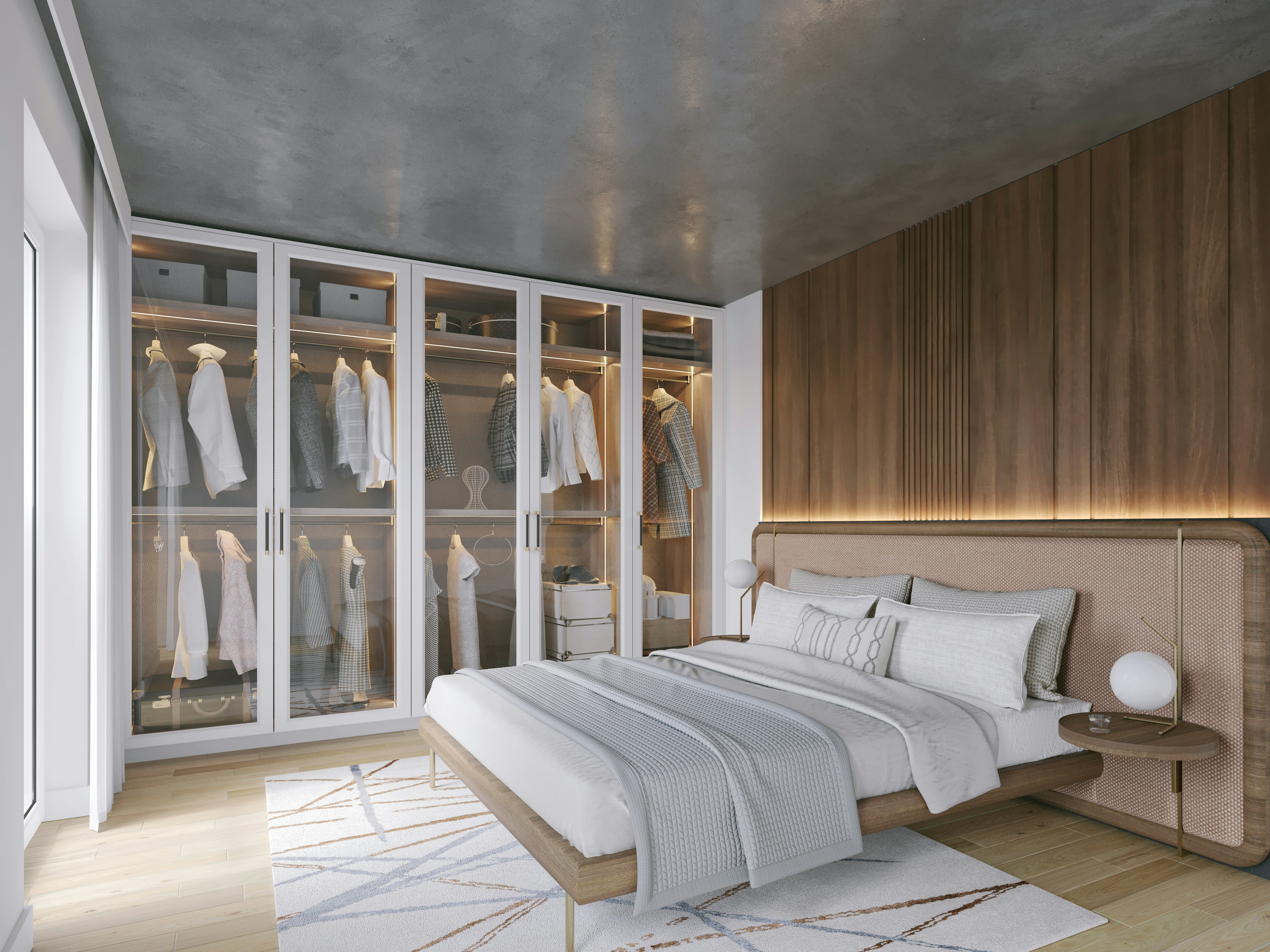 a bedroom with a bed and a closet