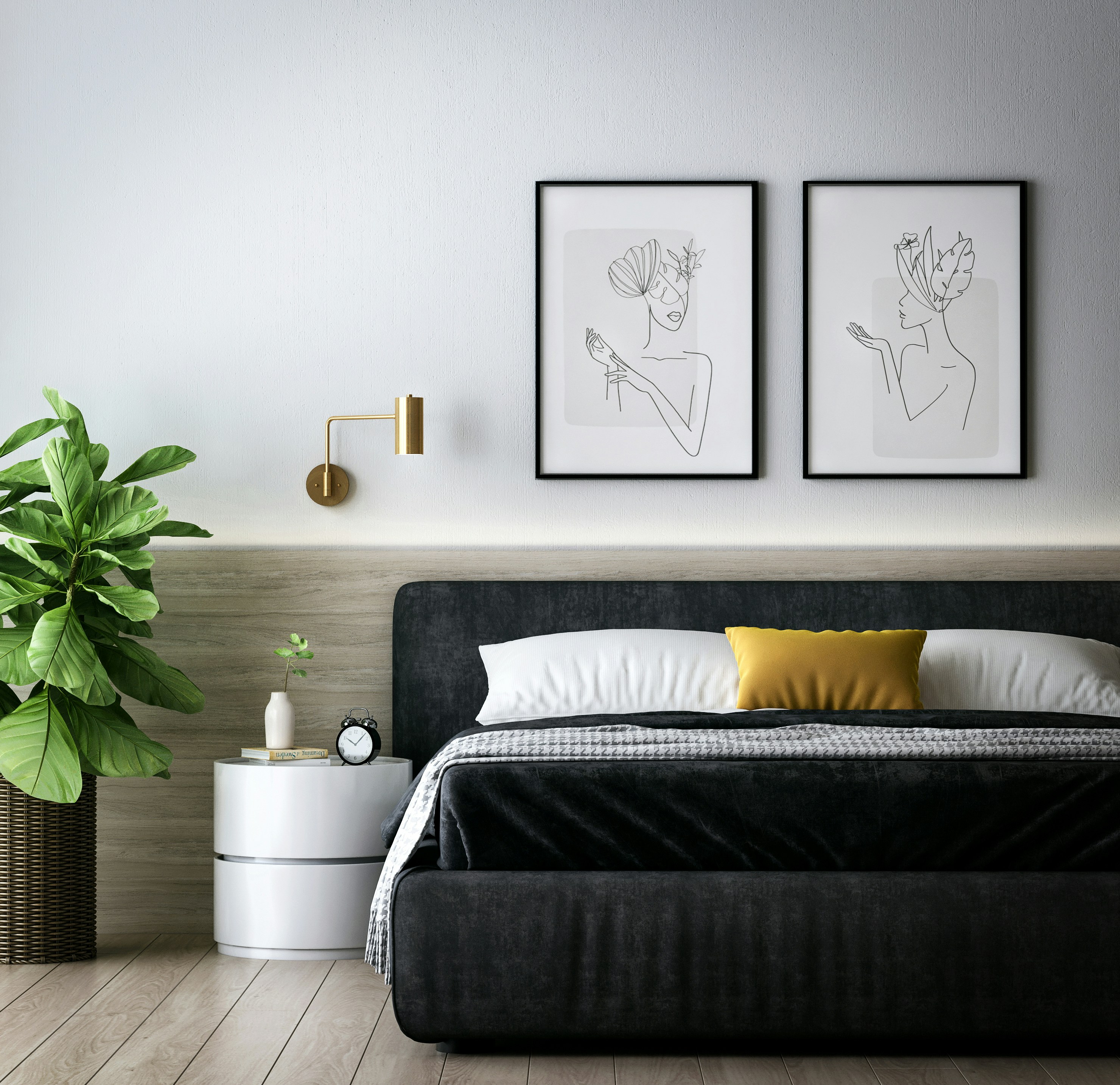 a bedroom with a bed and a plant in the corner