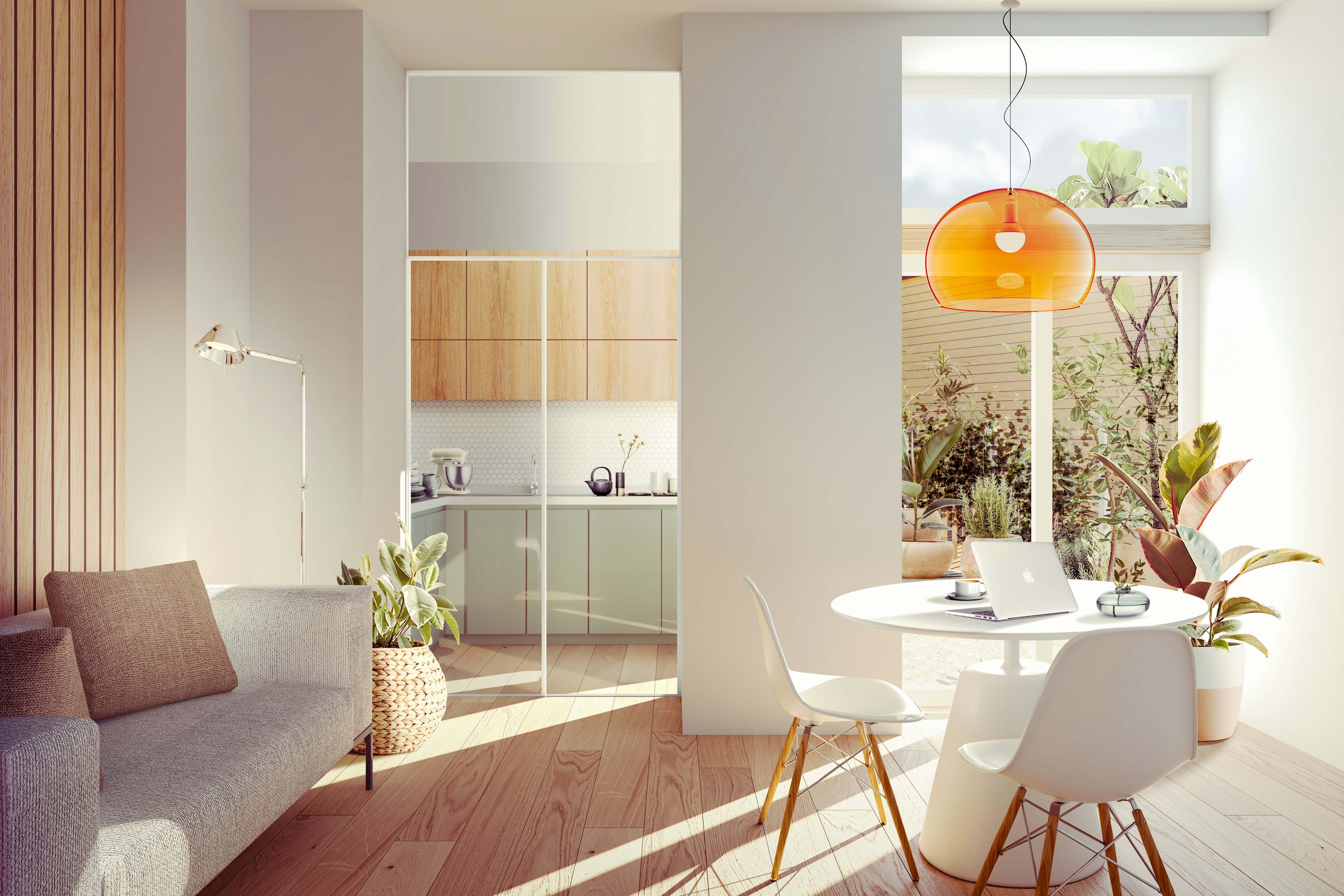 a living room with a couch a table and chairs