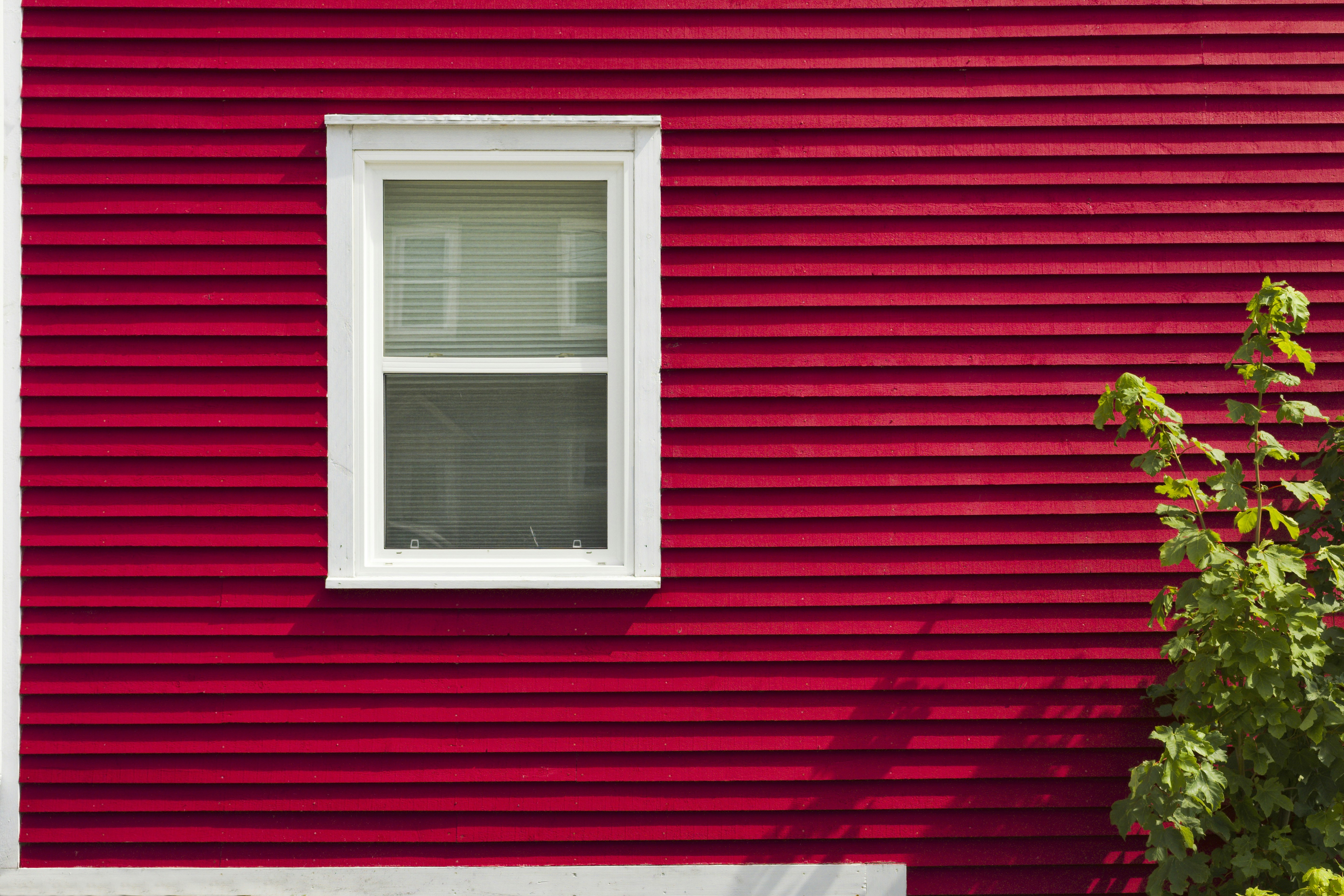 a red building with a white window and a tree
