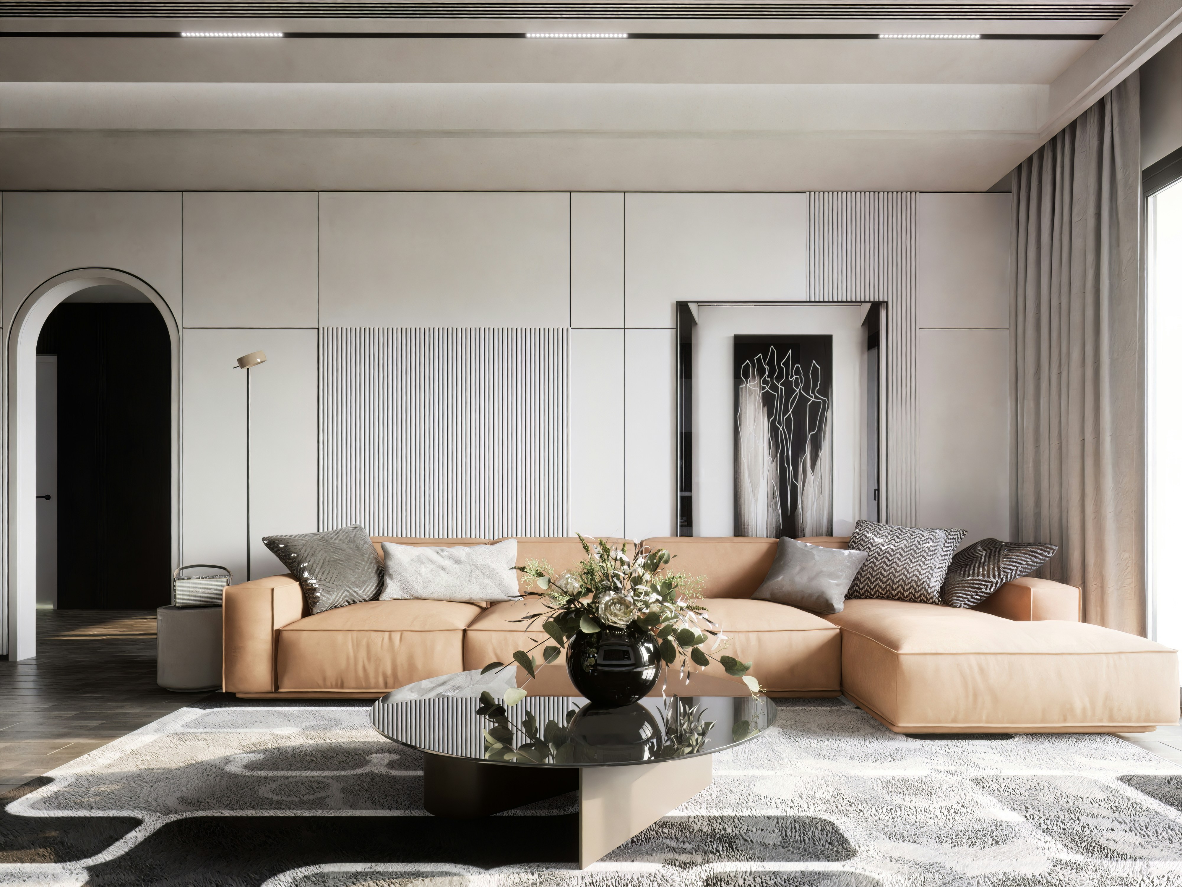 a living room with a couch and a table