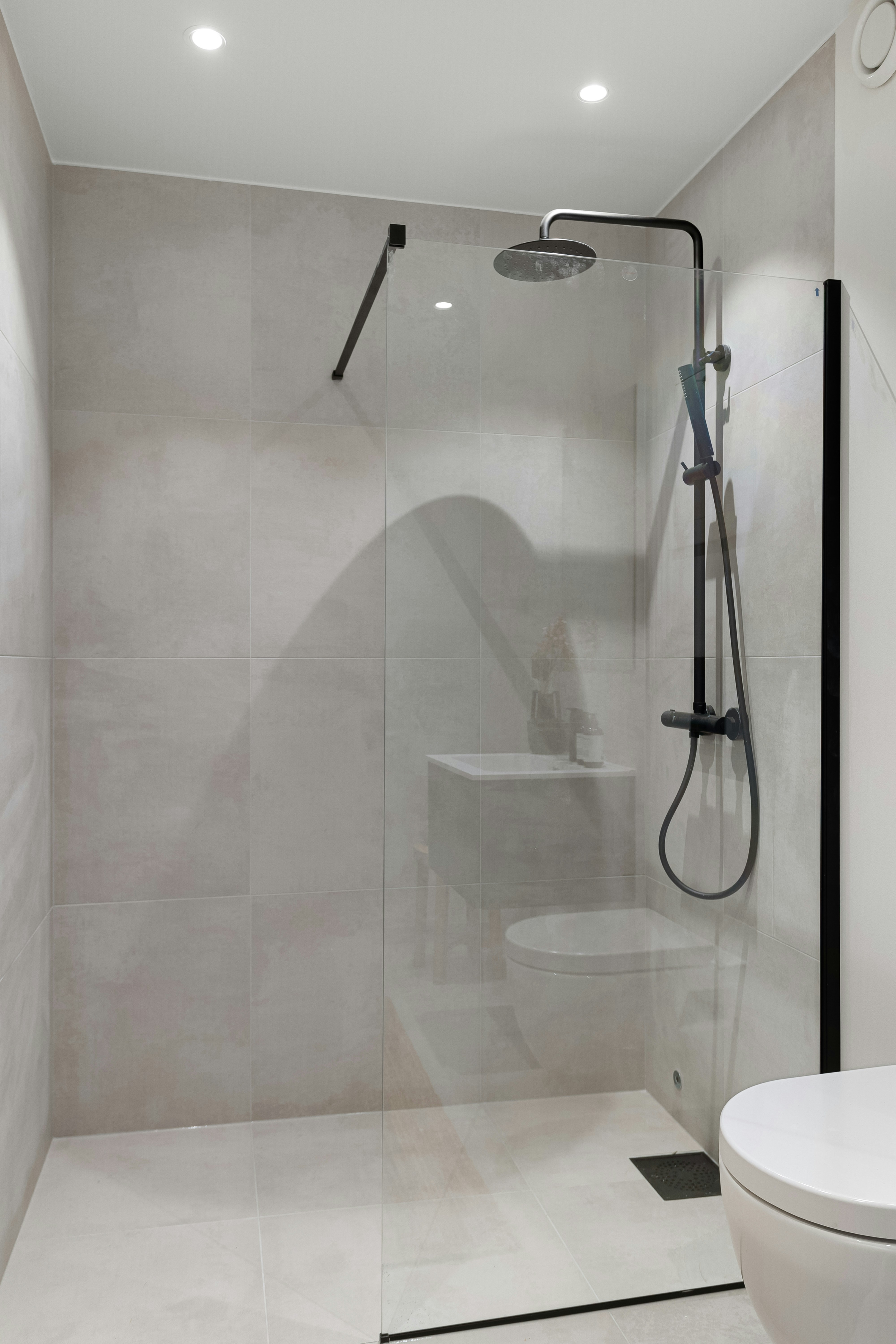 A white toilet sitting next to a walk in shower