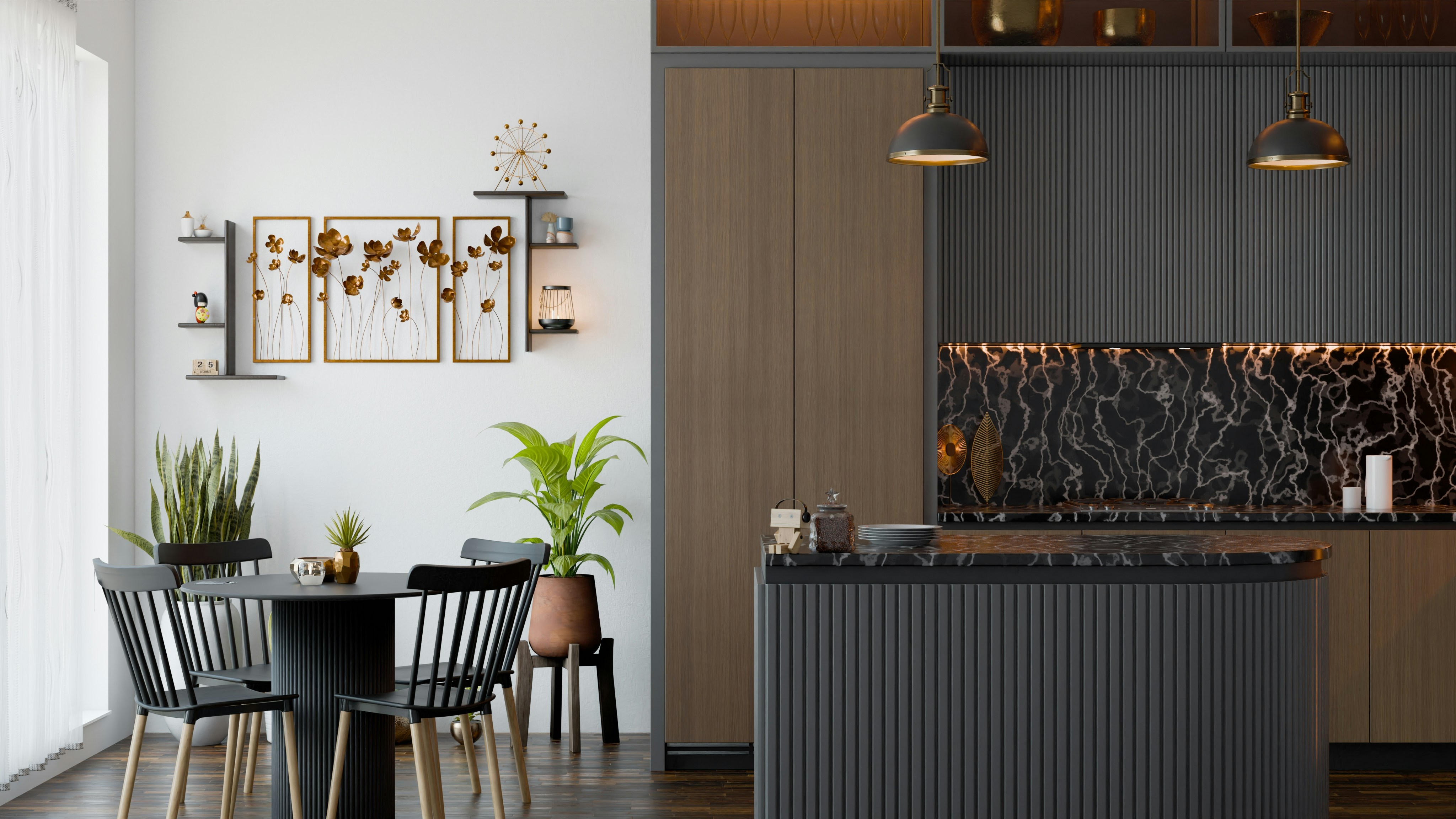 A kitchen and dining room with a table and chairs