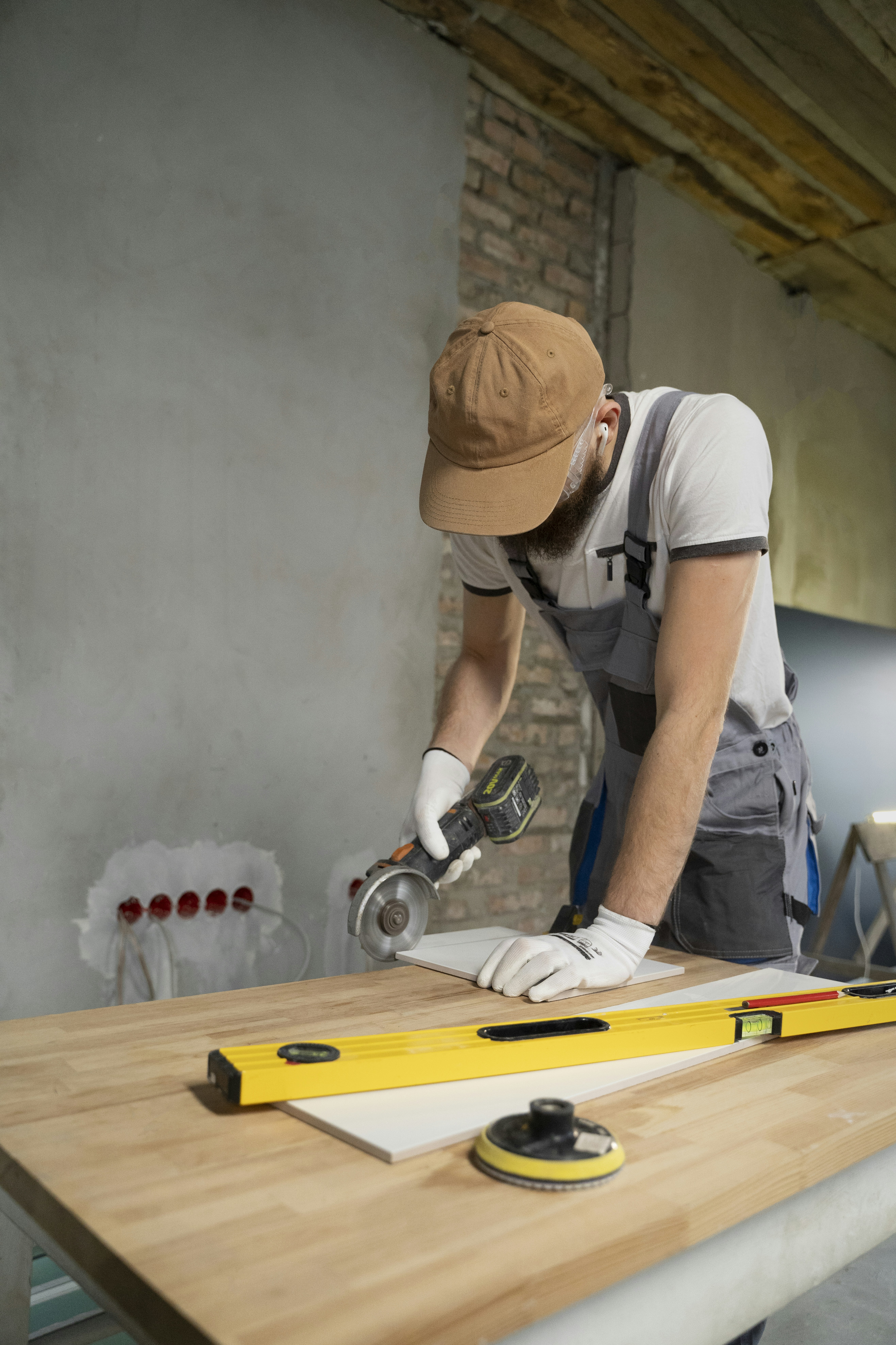 A person in a cap and overalls cutting a tile with an angle grinder