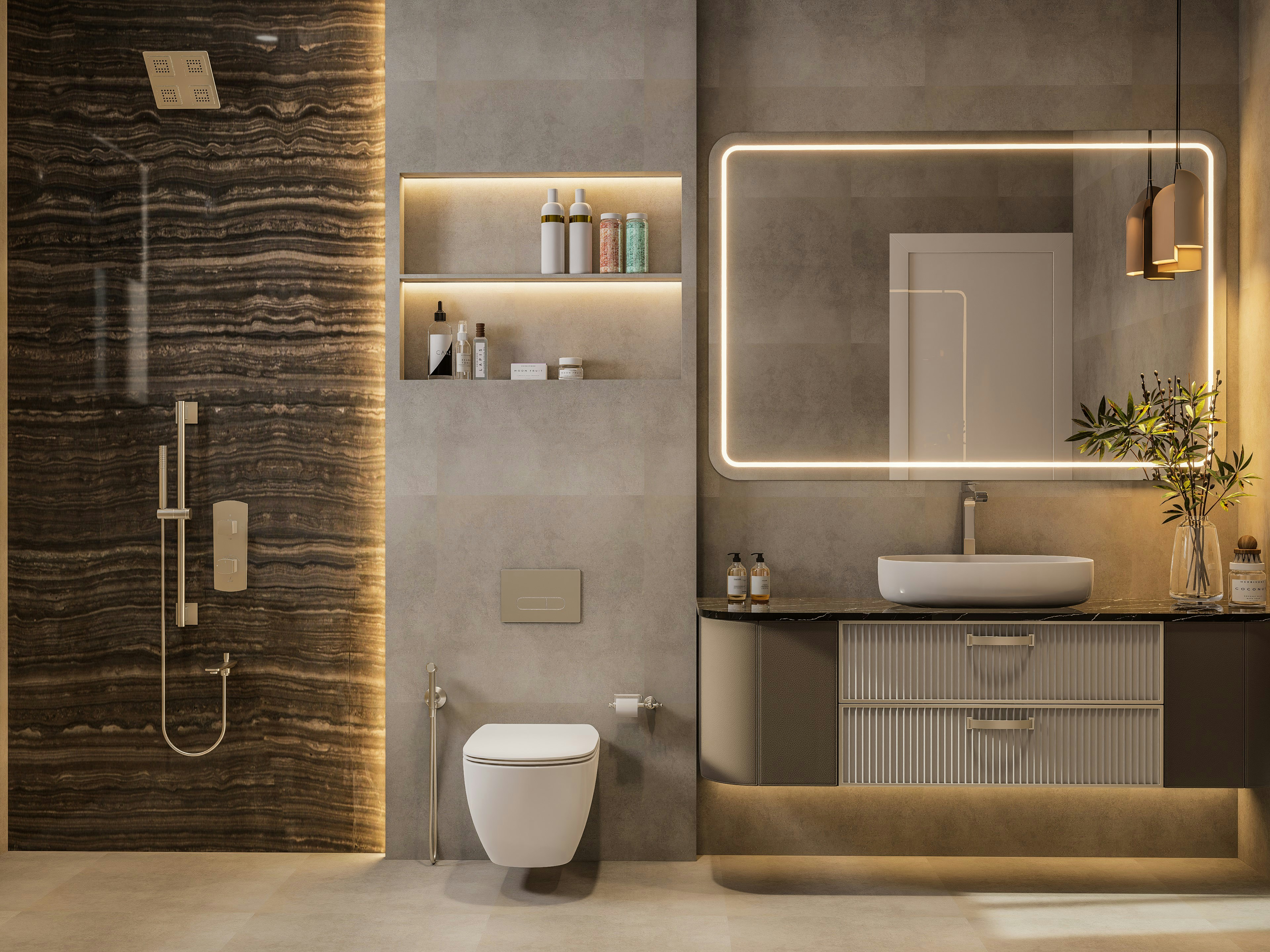 Modern bathroom design with elegant lighting.