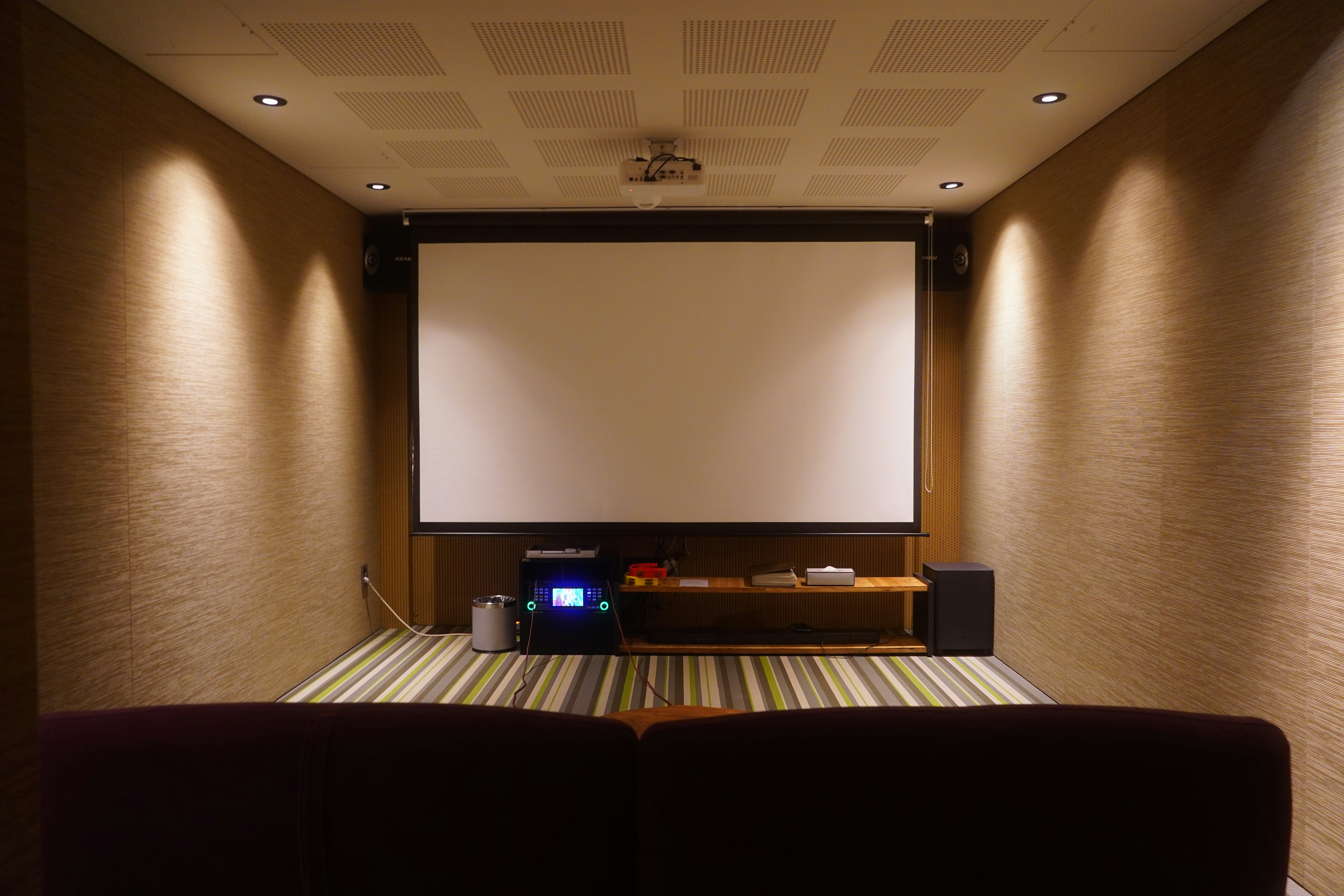 Home theater with a screen and comfortable seating.