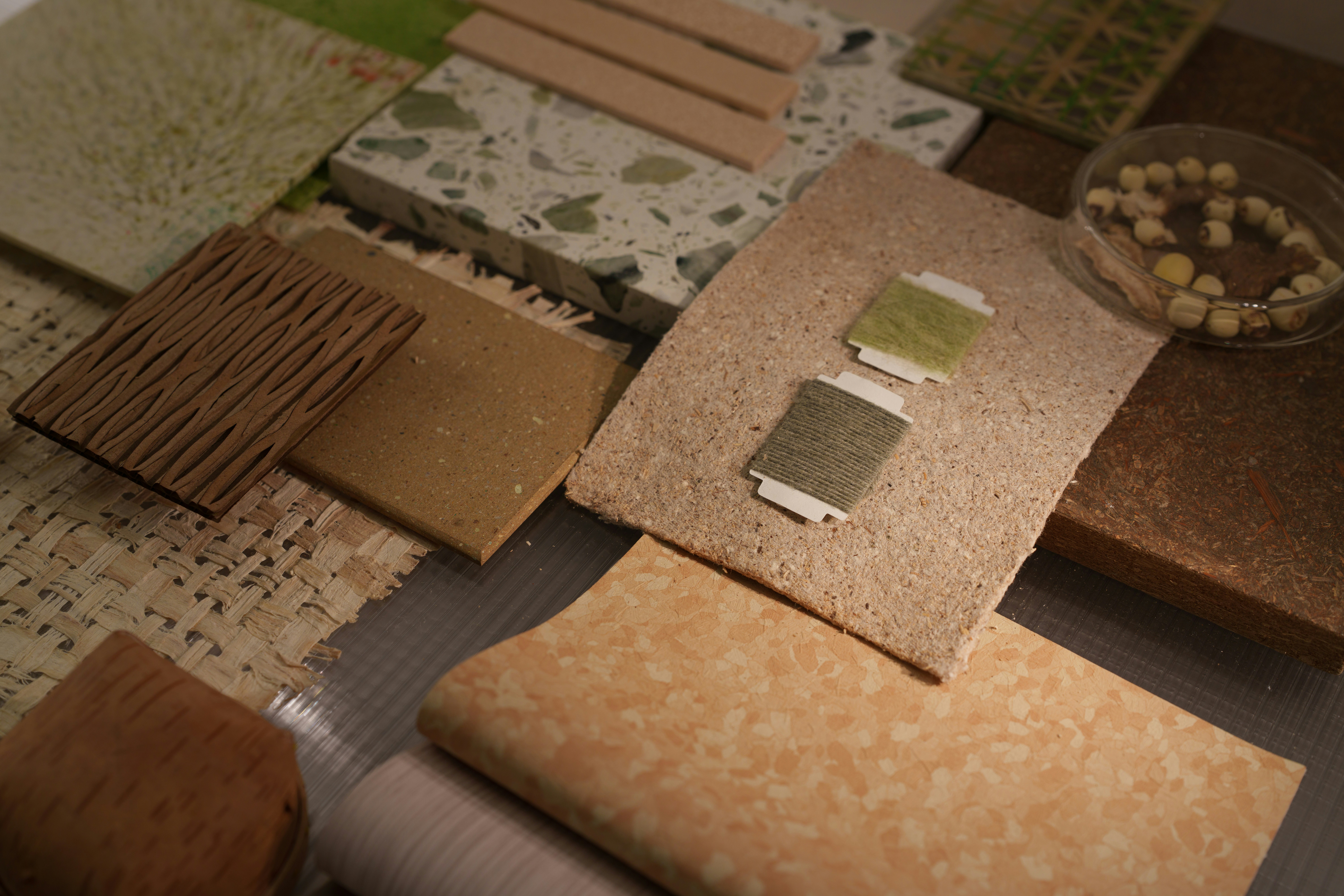 Material samples are on display.