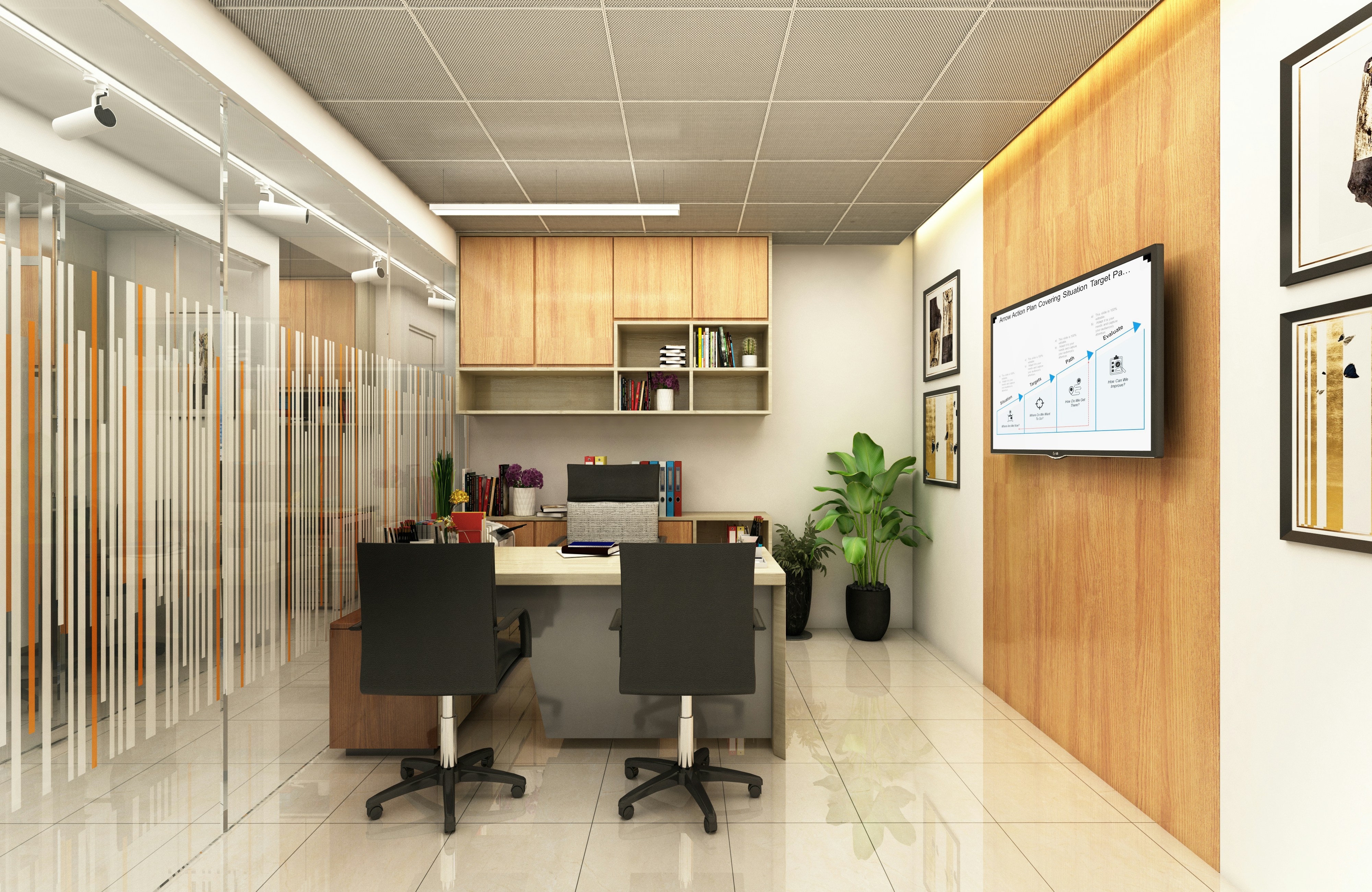 Modern office with desks and wood accents.